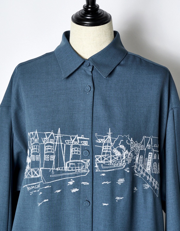 Landscape Embroidery Dress / blue