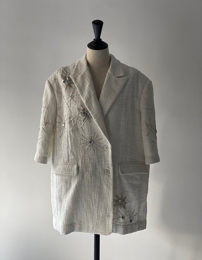 Beads Embroidery Tweed Jacket / white