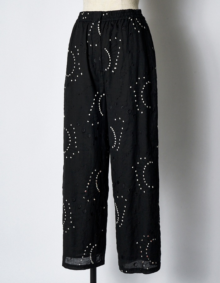 Cotton Bijou Embroidery Trousers / black