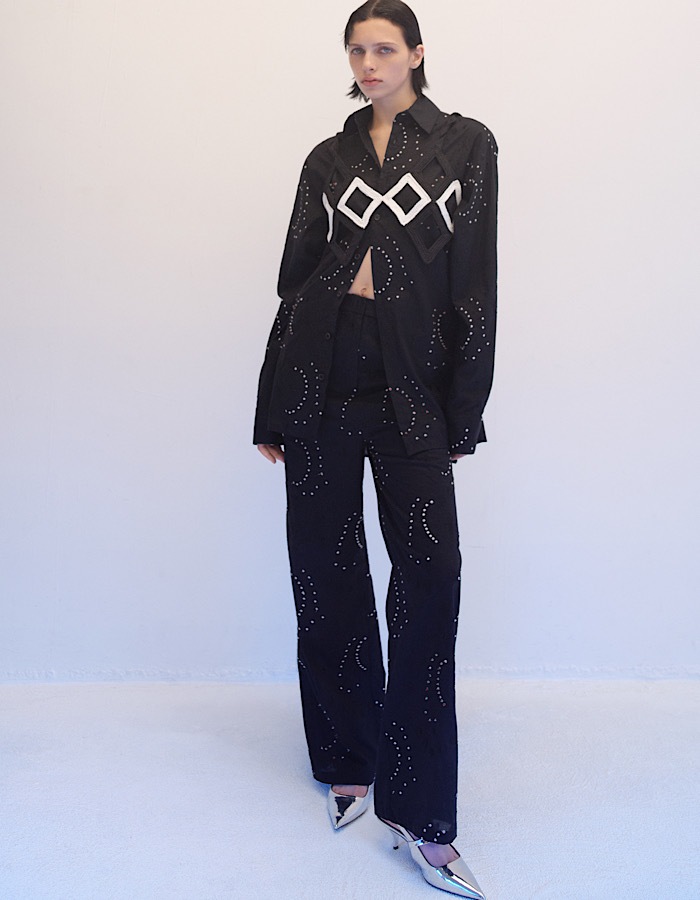 Cotton Bijou Embroidery Trousers / black