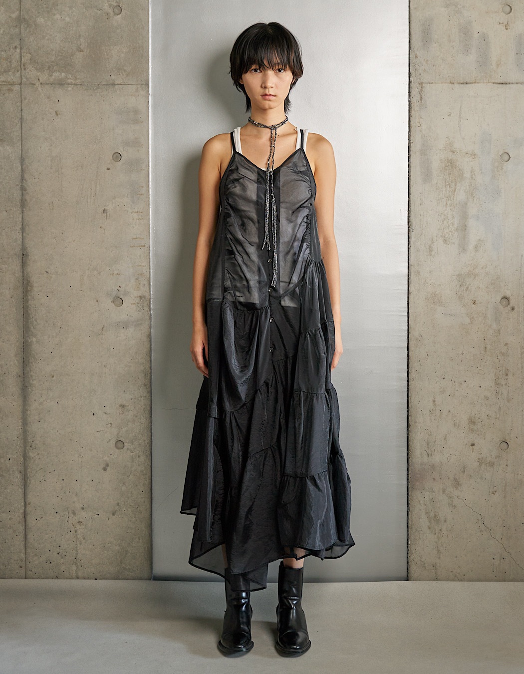 Sheer Gathered Camisole Dress / black