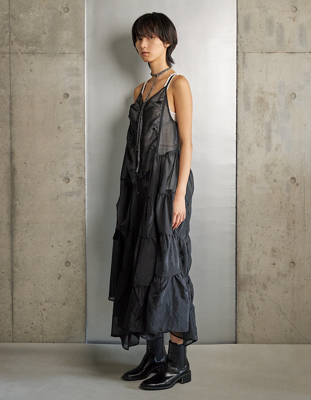 Sheer Gathered Camisole Dress / black