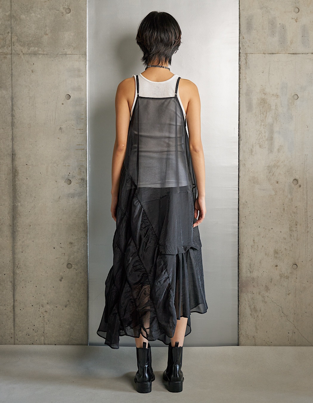 Sheer Gathered Camisole Dress / black