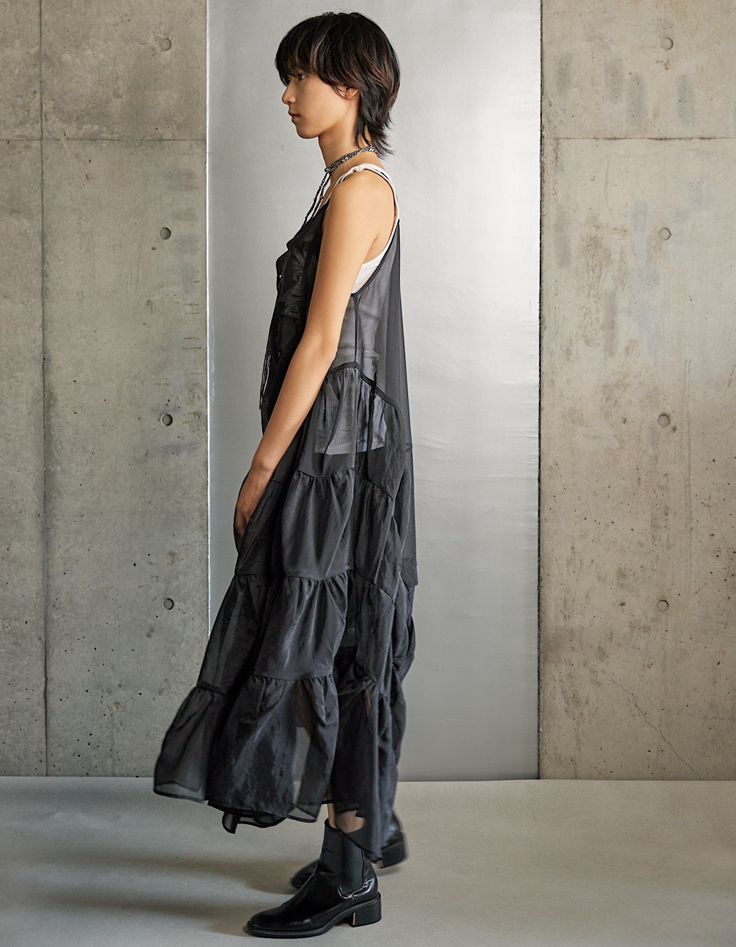 Sheer Gathered Camisole Dress / black