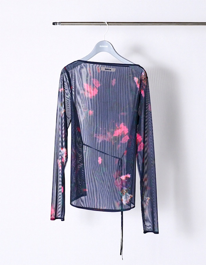 Crystal Flower Sheer Tops / navy