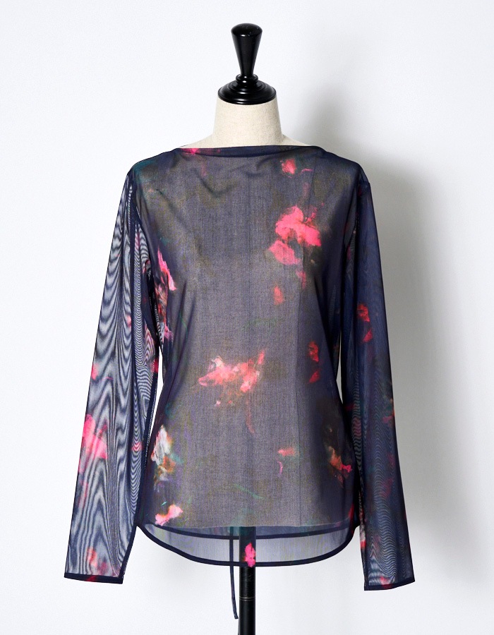 Crystal Flower Sheer Tops / navy