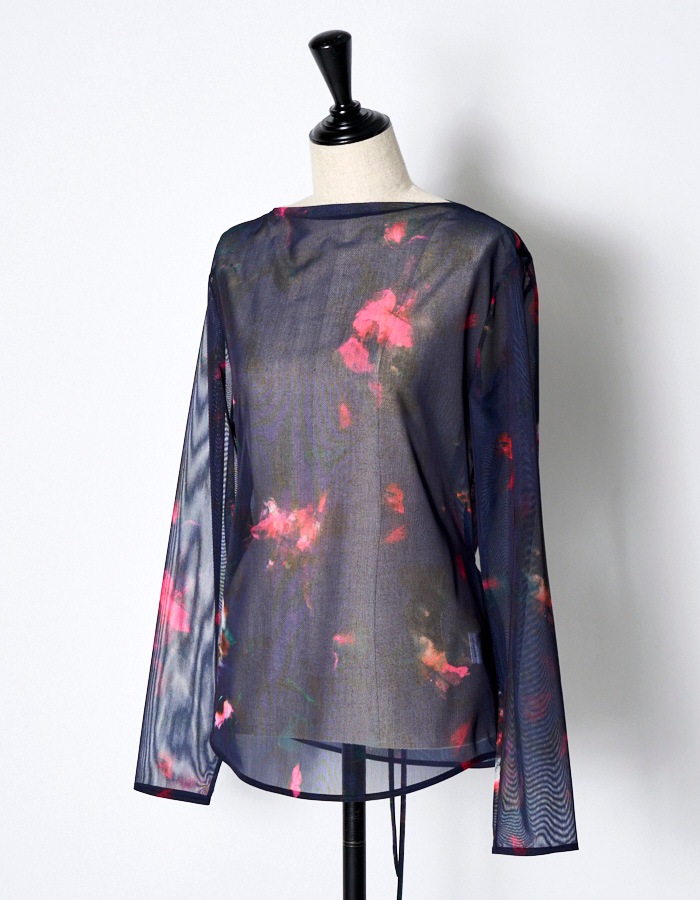 Crystal Flower Sheer Tops / navy