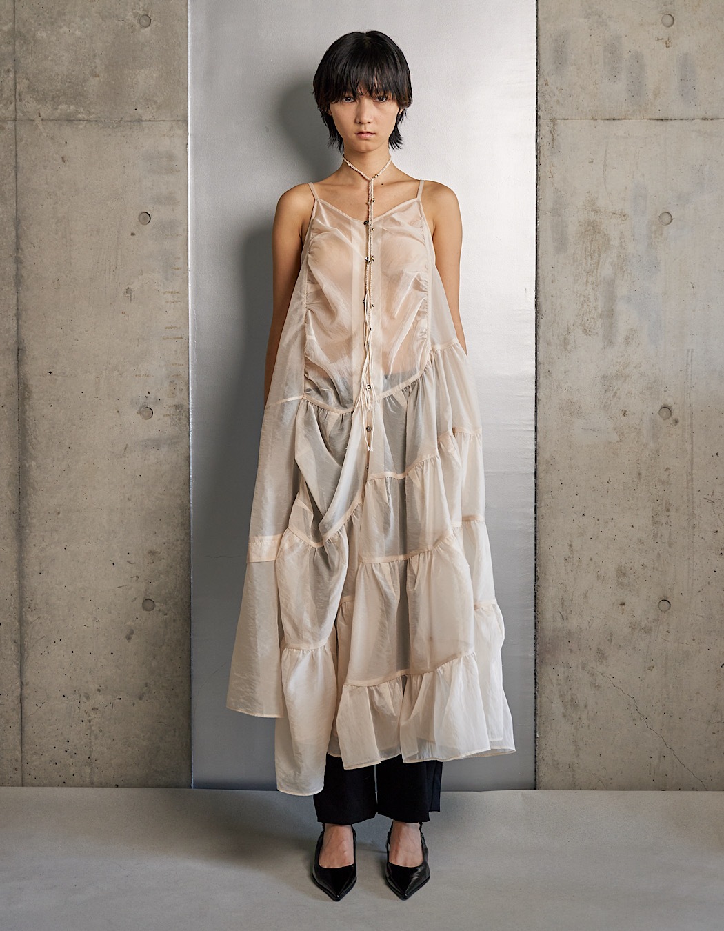 Sheer Gathered Camisole Dress / ecru