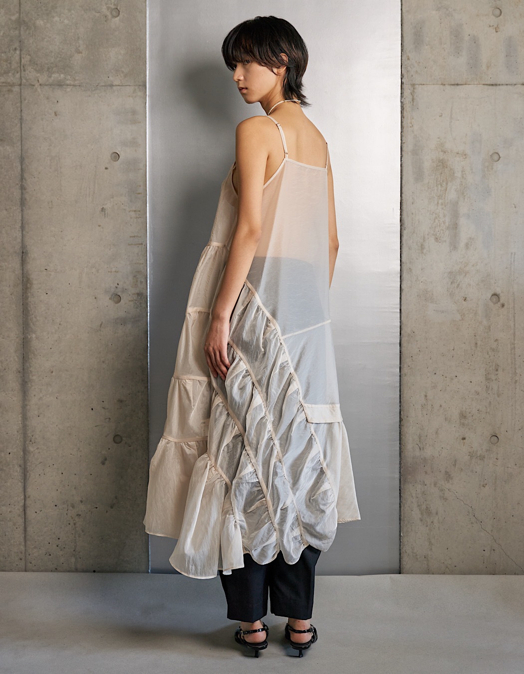 Sheer Gathered Camisole Dress / ecru
