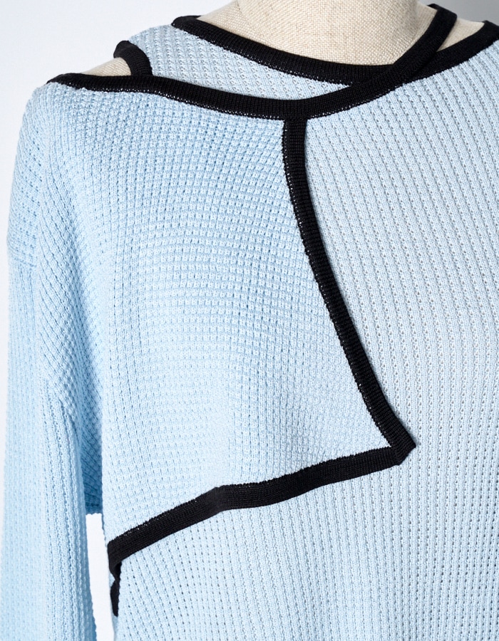 Waffle Knit Piping Tops / sax blue