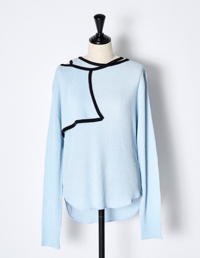 Waffle Knit Piping Tops / sax blue