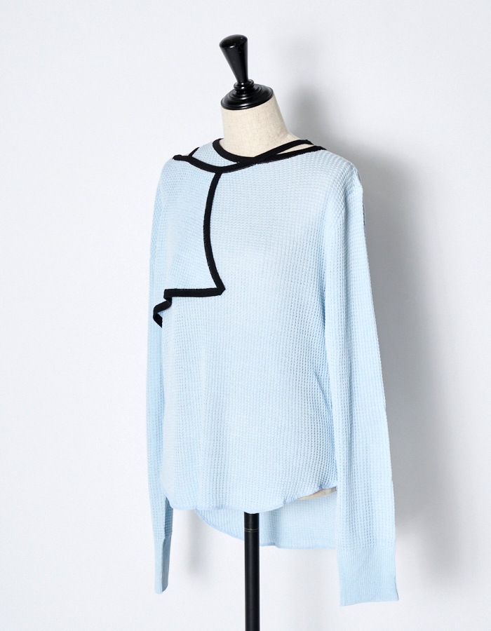 Waffle Knit Piping Tops / sax blue
