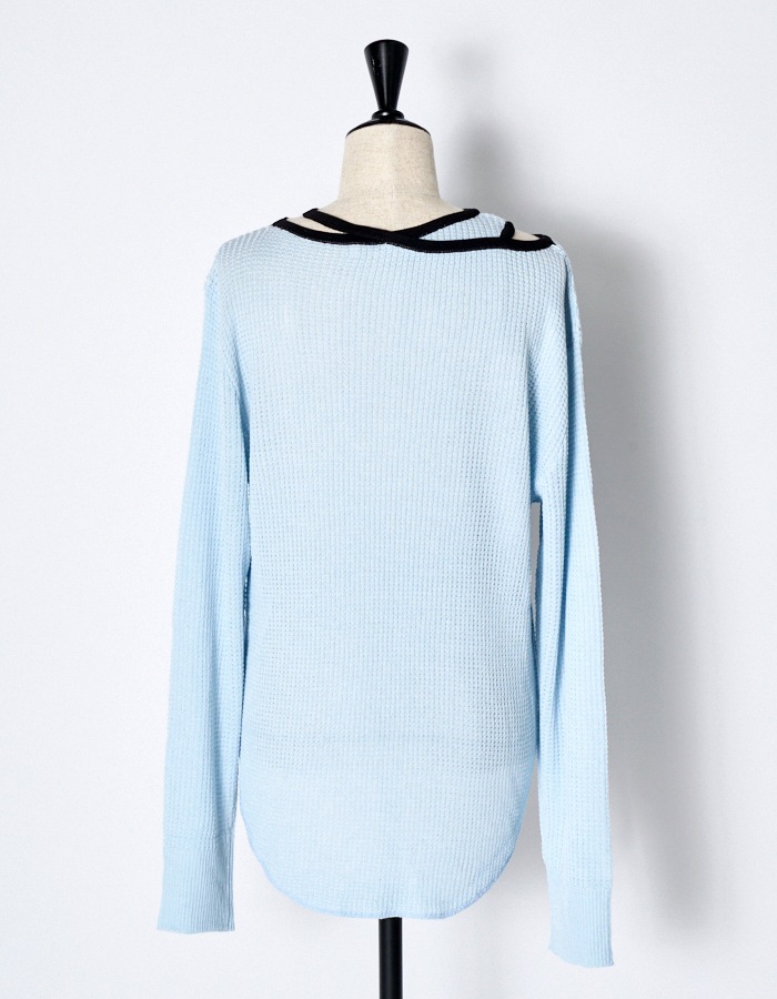 Waffle Knit Piping Tops / sax blue