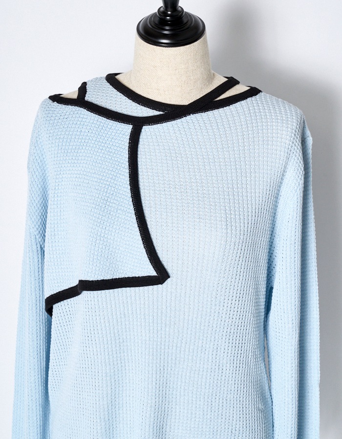 Waffle Knit Piping Tops / sax blue