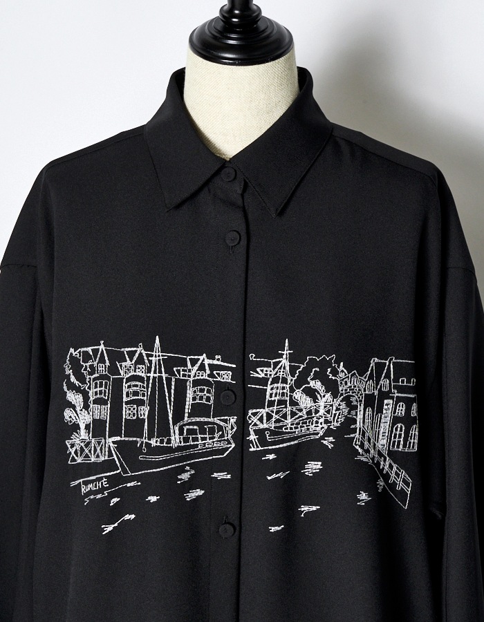 Landscape Embroidery Dress / black