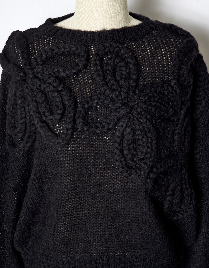 Chain Flower Knit Tops / black