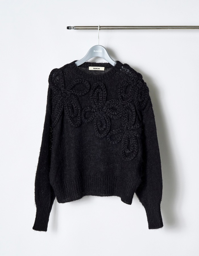 Chain Flower Knit Tops / black