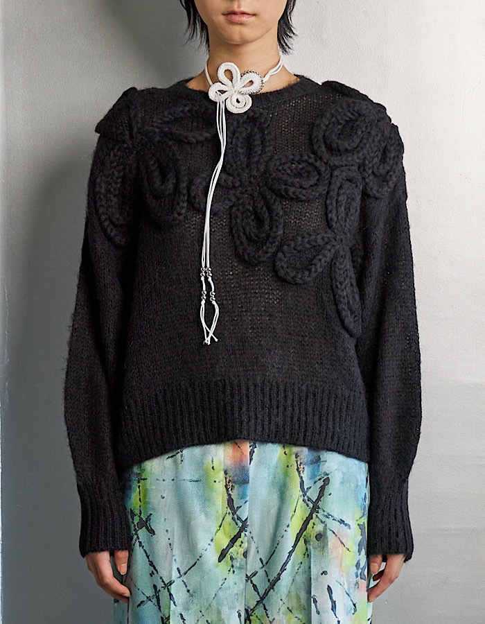 Chain Flower Knit Tops / black