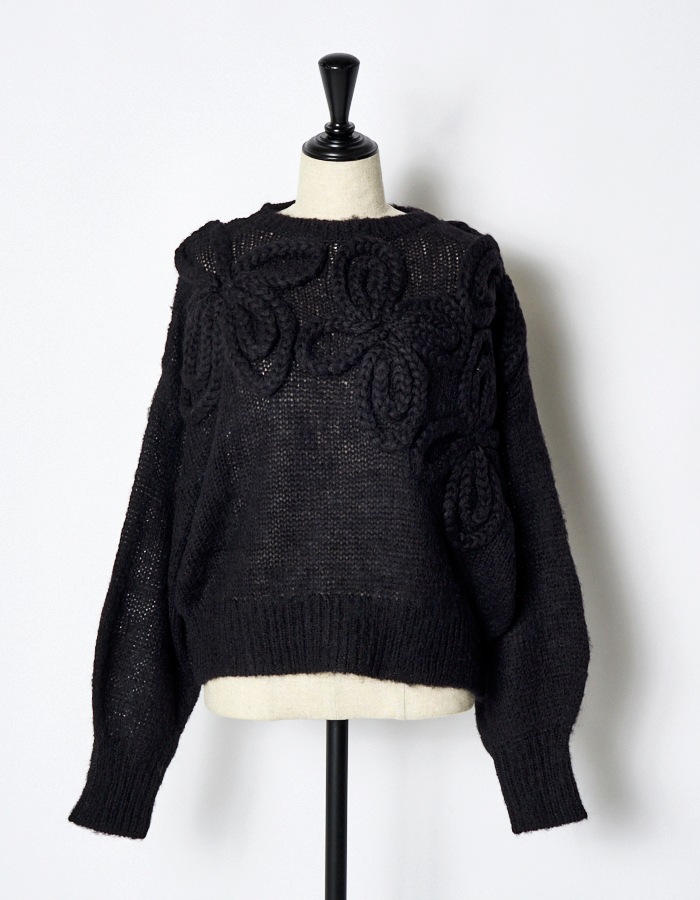 Chain Flower Knit Tops / black