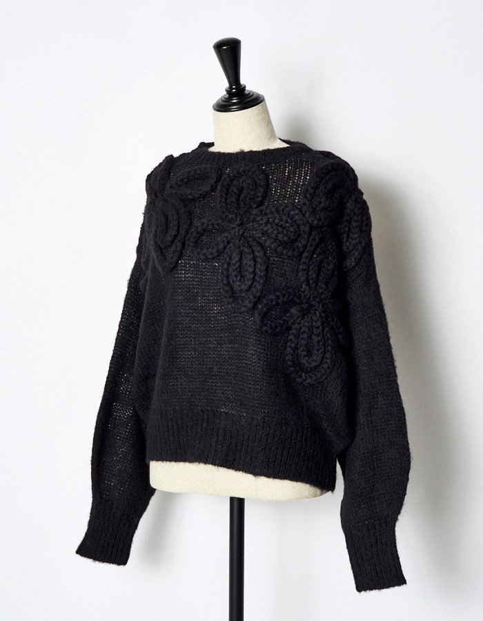 Chain Flower Knit Tops / black