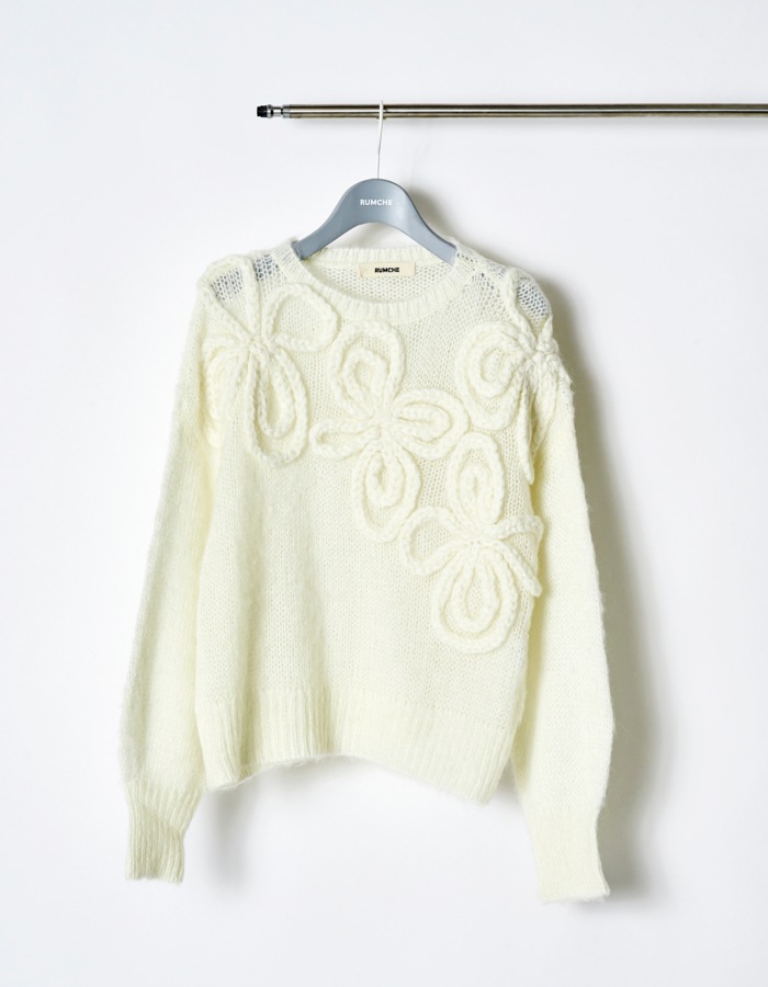 Chain Flower Knit Tops / white