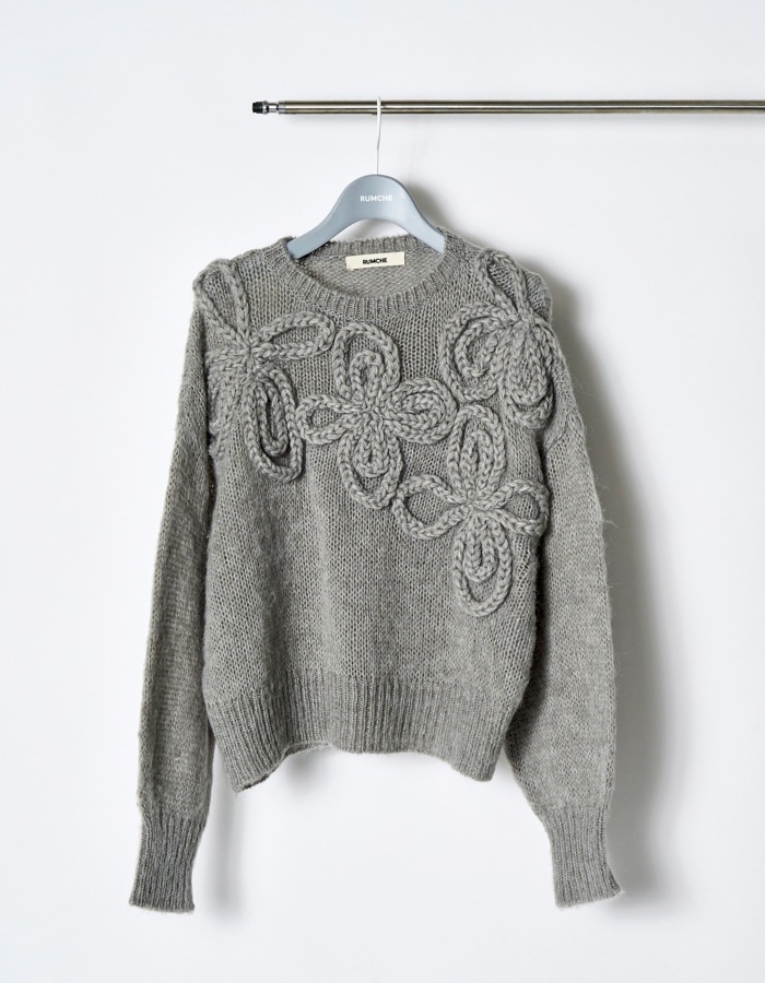 Chain Flower Knit Tops / gray