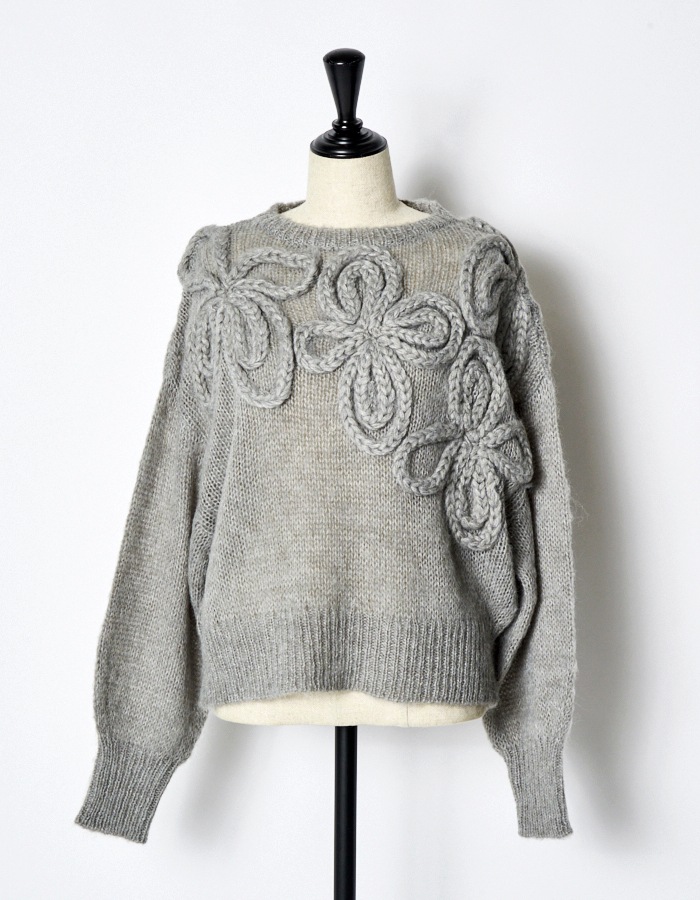 Chain Flower Knit Tops / gray