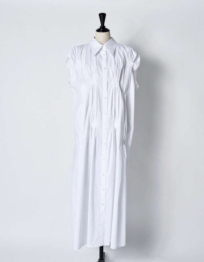Cotton Bundled Tuck Dress / white