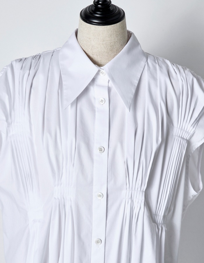 Cotton Bundled Tuck Dress / white