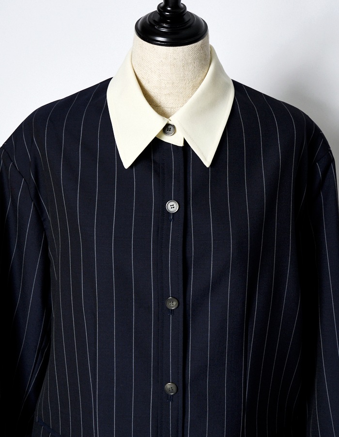 Stripe Cleric Shirt Jacket / navy