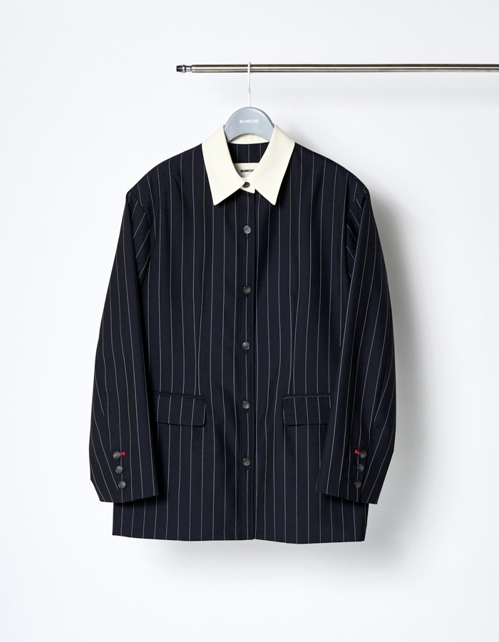 Stripe Cleric Shirt Jacket / navy