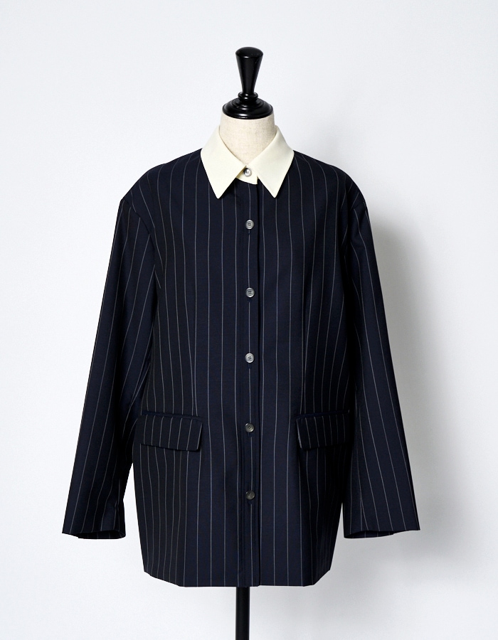Stripe Cleric Shirt Jacket / navy