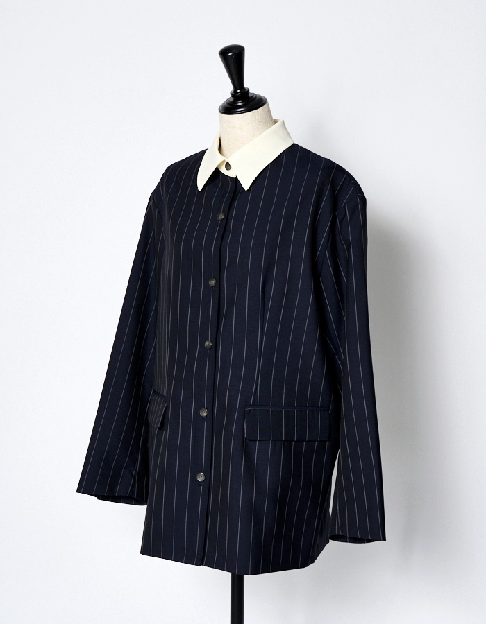 Stripe Cleric Shirt Jacket / navy