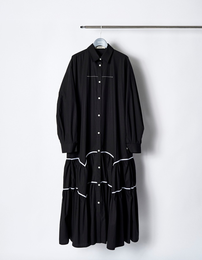Piping Gathered Shirt Dress / black
