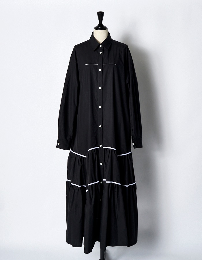 Piping Gathered Shirt Dress / black