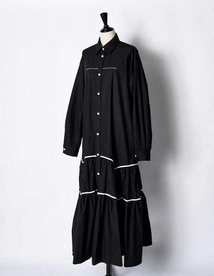 Piping Gathered Shirt Dress / black