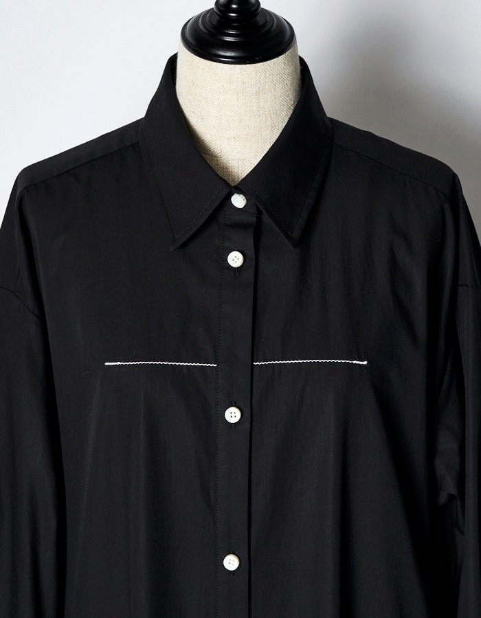 Piping Gathered Shirt Dress / black