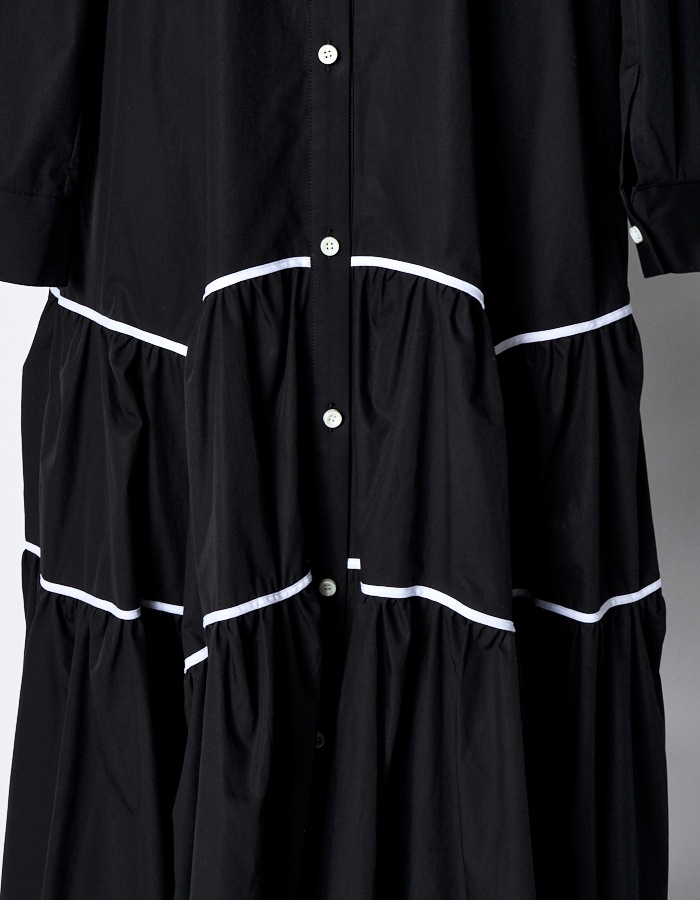 Piping Gathered Shirt Dress / black