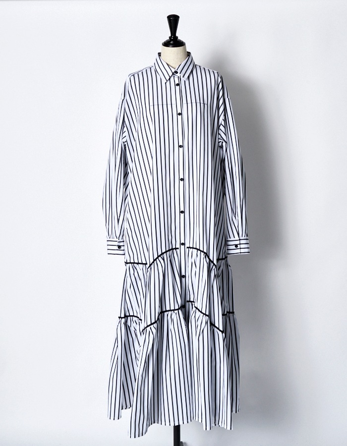 Stripe Piping Gathered Shirt Dress / black