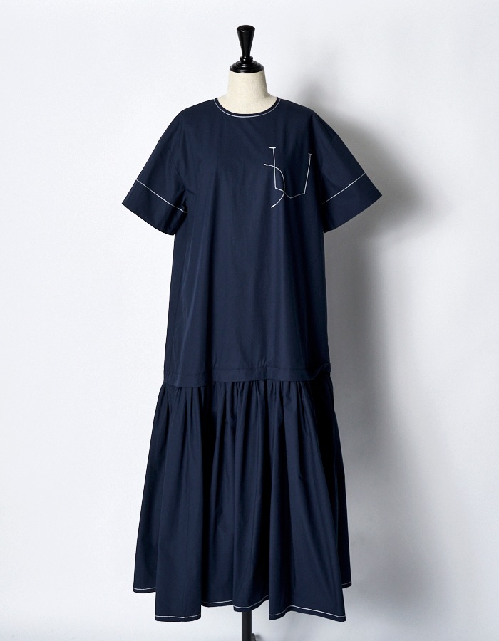 Stitch Gathered Typewriter Dress / navy