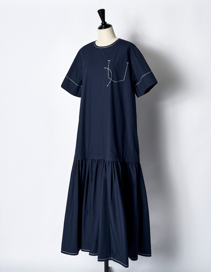 Stitch Gathered Typewriter Dress / navy