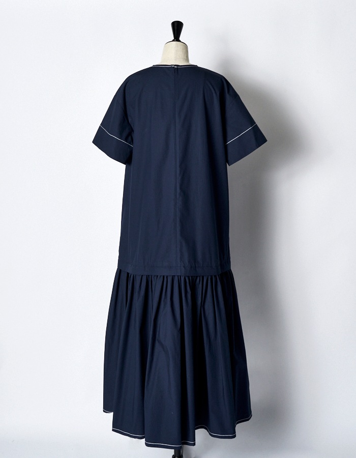 Stitch Gathered Typewriter Dress / navy