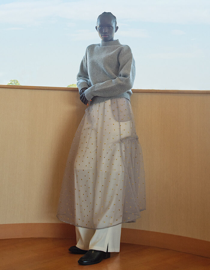 Dot Embroidery Sheer Skirt / light gray