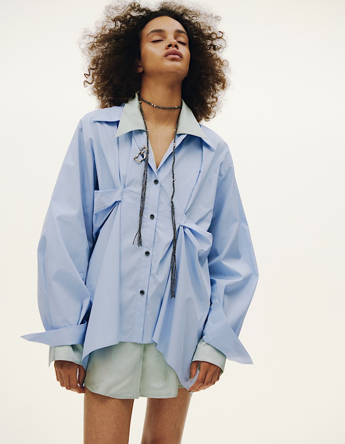 Cotton Layered Tuck Shirt / sax