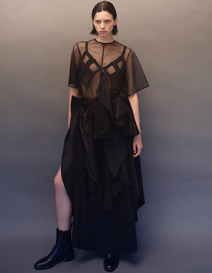 Moon Ruffle Sheer Tops / black
