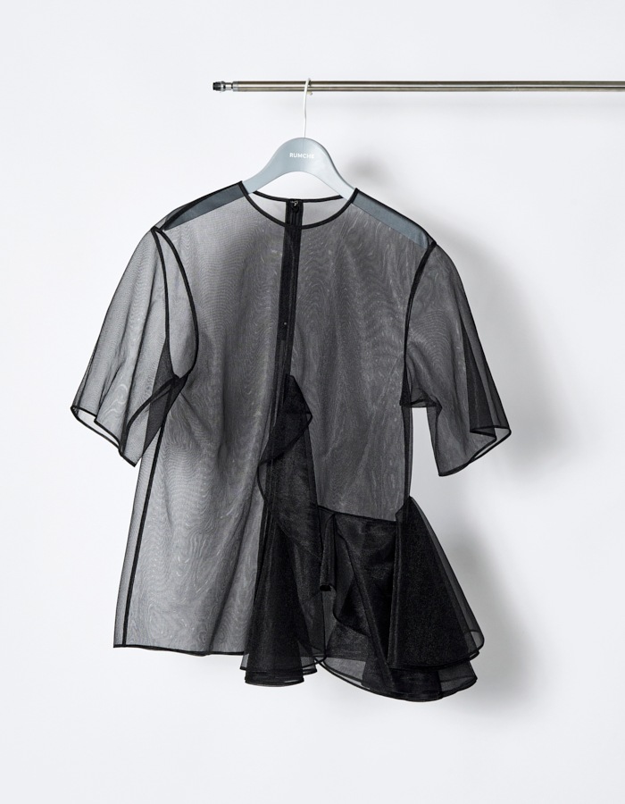 Moon Ruffle Sheer Tops / black