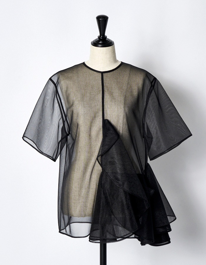 Moon Ruffle Sheer Tops / black