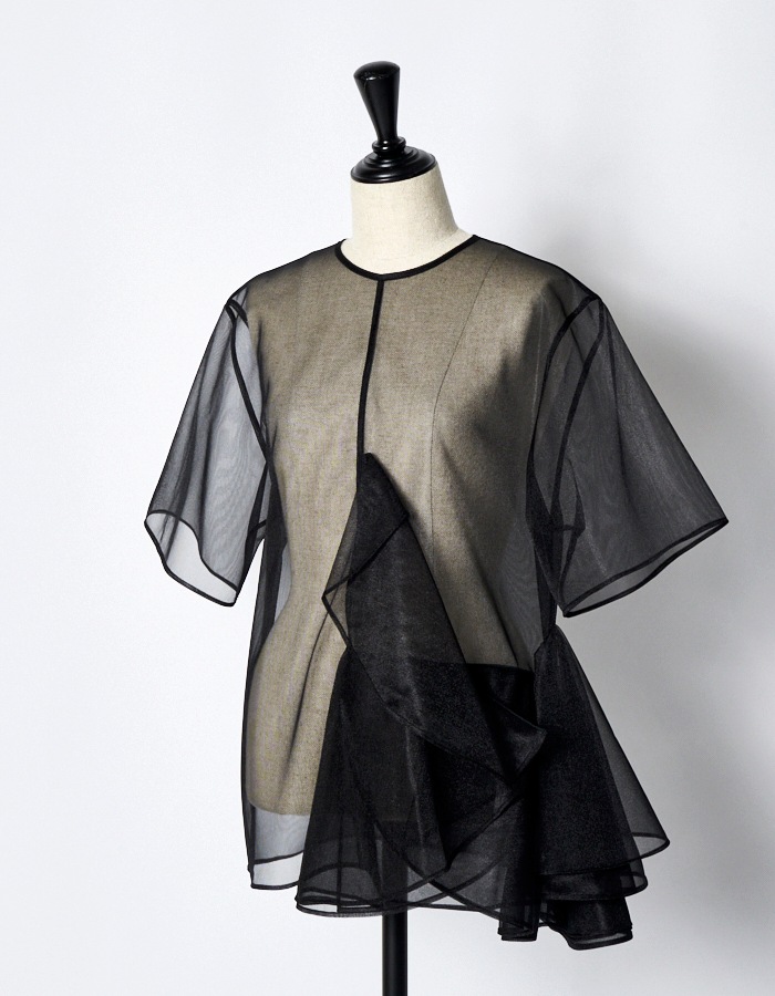Moon Ruffle Sheer Tops / black