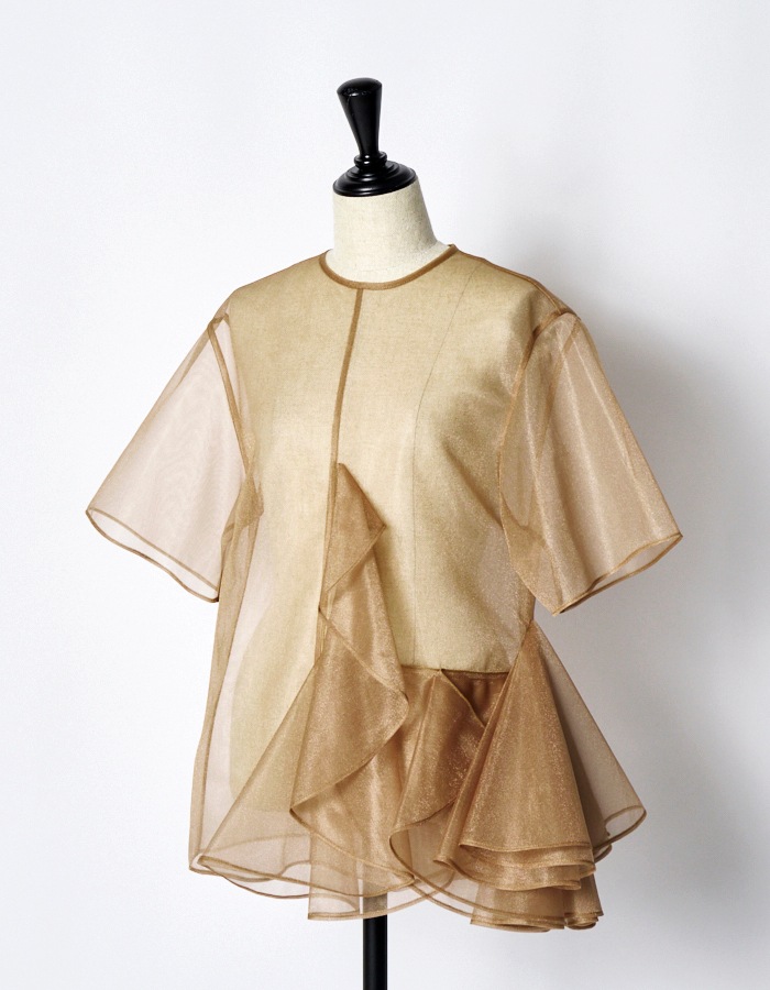 Moon Ruffle Sheer Tops / beige