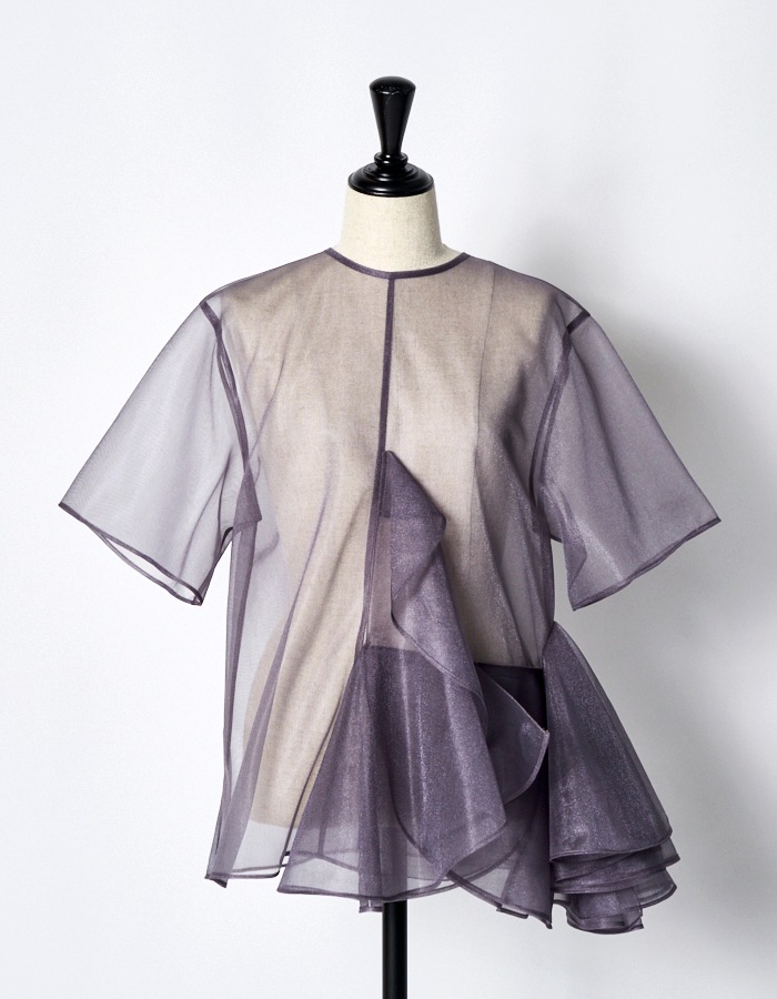 Moon Ruffle Sheer Tops / gray
